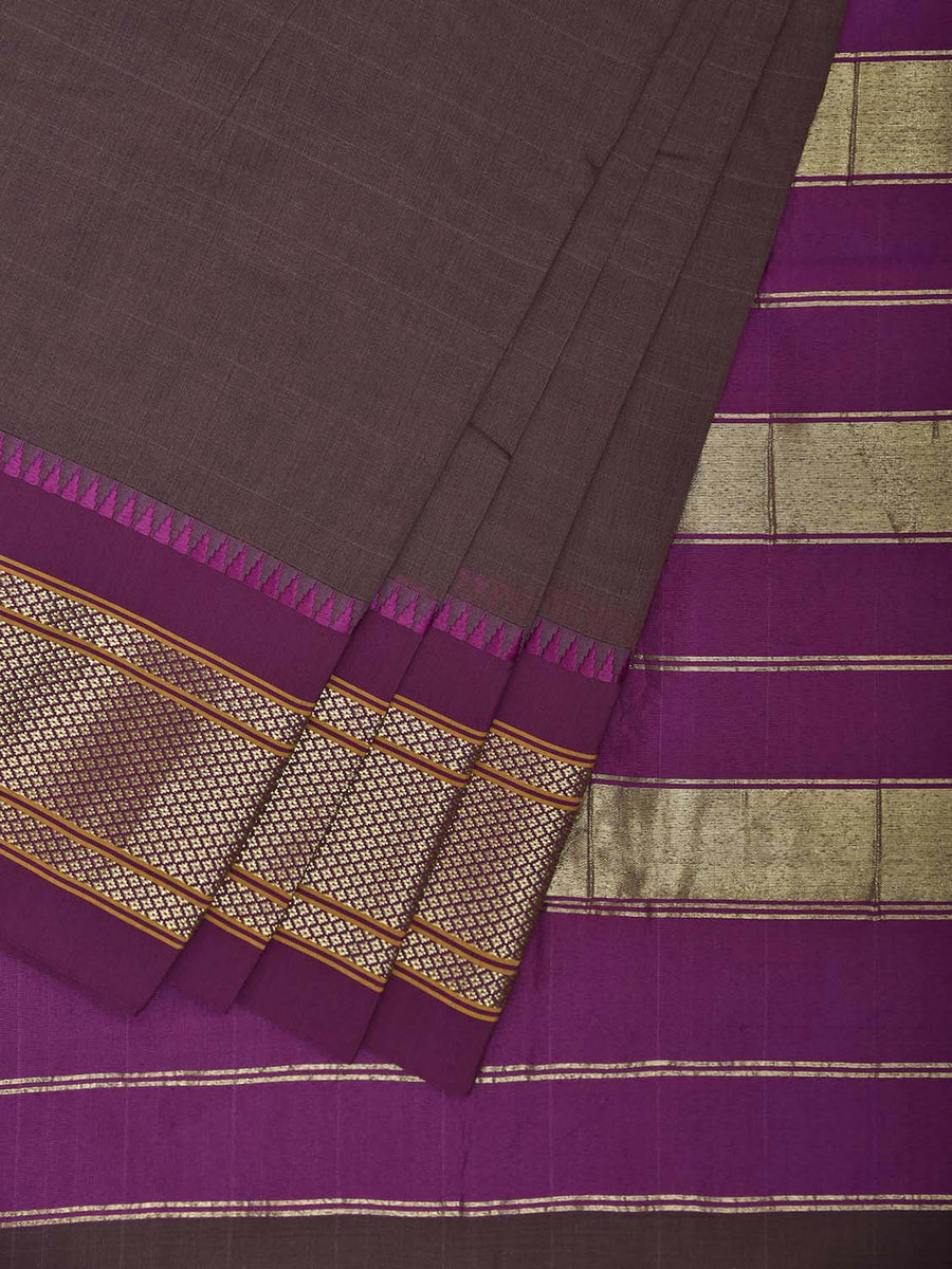 Dark Brown and Purple Bamboo Cotton Plain Saree with Contrast Pallu De ...