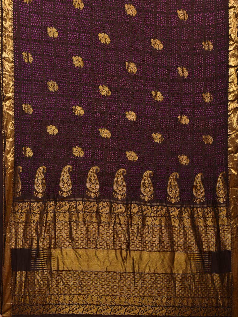 Dark Brown Bandhani Kanchipuram Silk Handloom Saree with Mango Pallu Design bn0478
