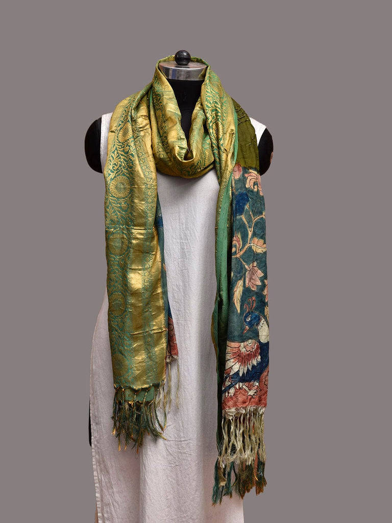 Dark Green and Blue Bandhani Kanchipuram Silk Dupatta with Hand Kalamkari Design ds3864