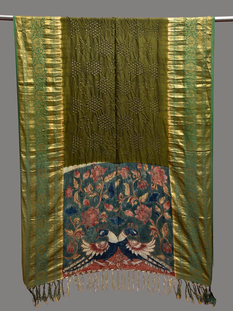 Dark Green and Blue Bandhani Kanchipuram Silk Dupatta with Hand Kalamkari Design ds3864