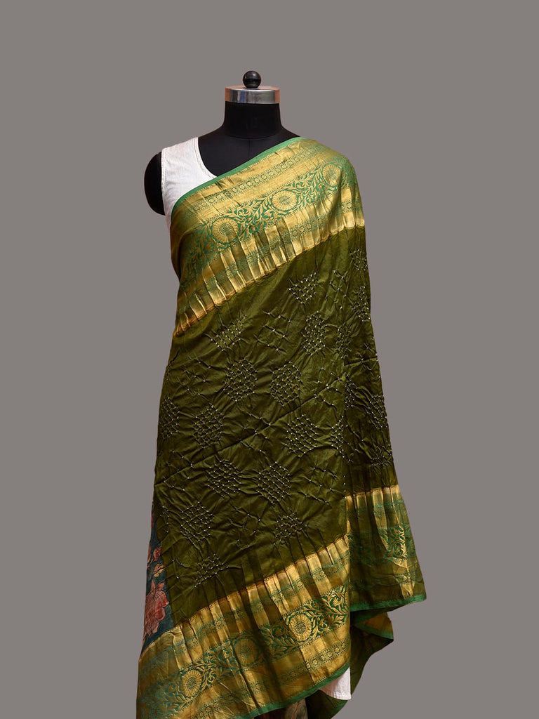 Dark Green and Blue Bandhani Kanchipuram Silk Dupatta with Hand Kalamkari Design ds3864