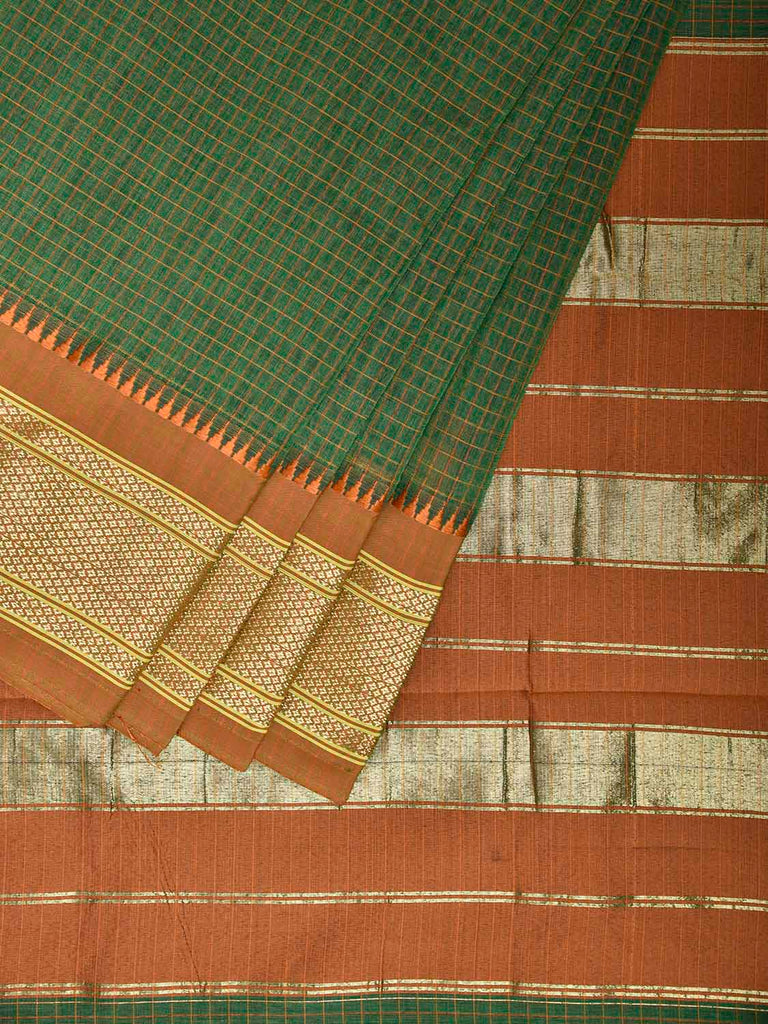 Dark Green and Fawn Bamboo Cotton Saree with Checks Design No Blouse bc0806