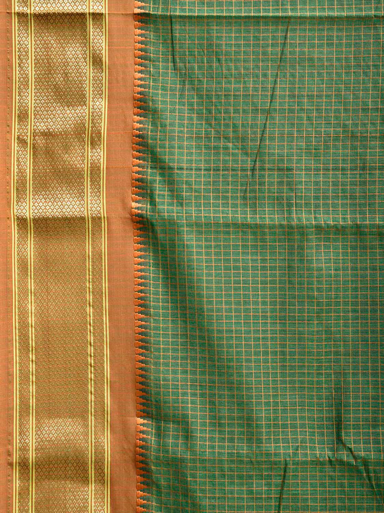 Dark Green and Fawn Bamboo Cotton Saree with Checks Design No Blouse bc0806