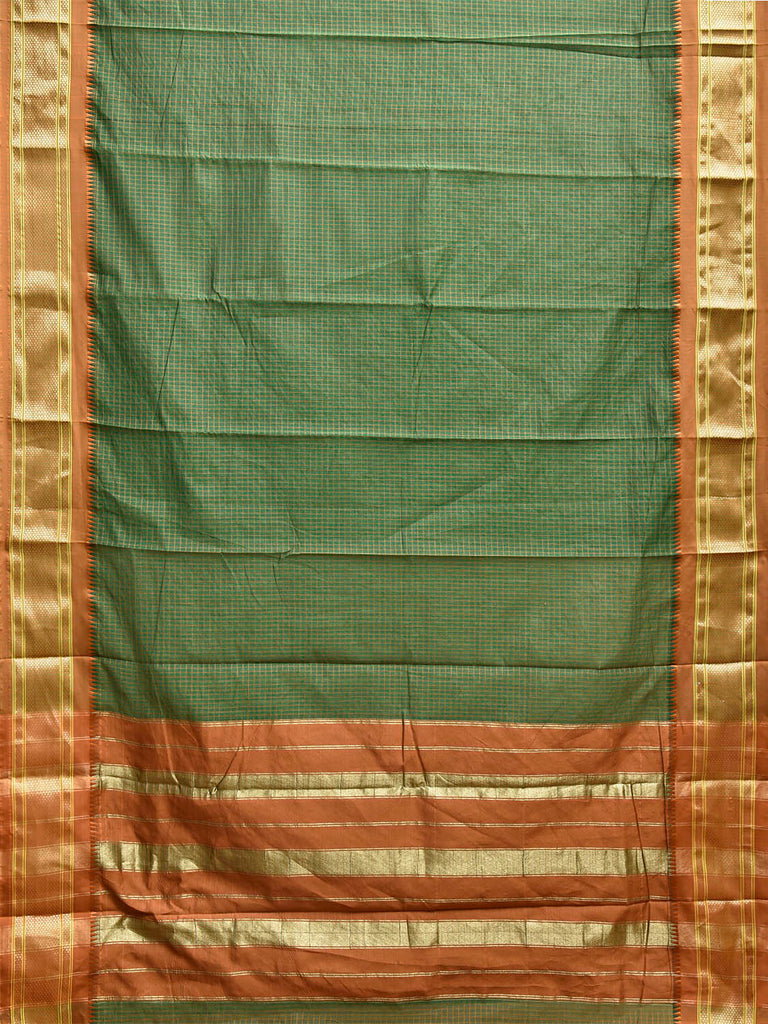 Dark Green and Fawn Bamboo Cotton Saree with Checks Design No Blouse bc0806
