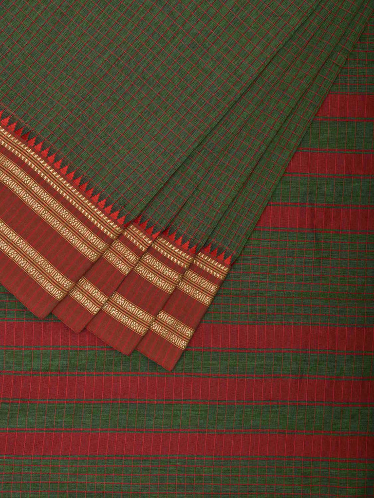 Dark Green and Red Bamboo Cotton Saree with Checks Design No Blouse bc0685