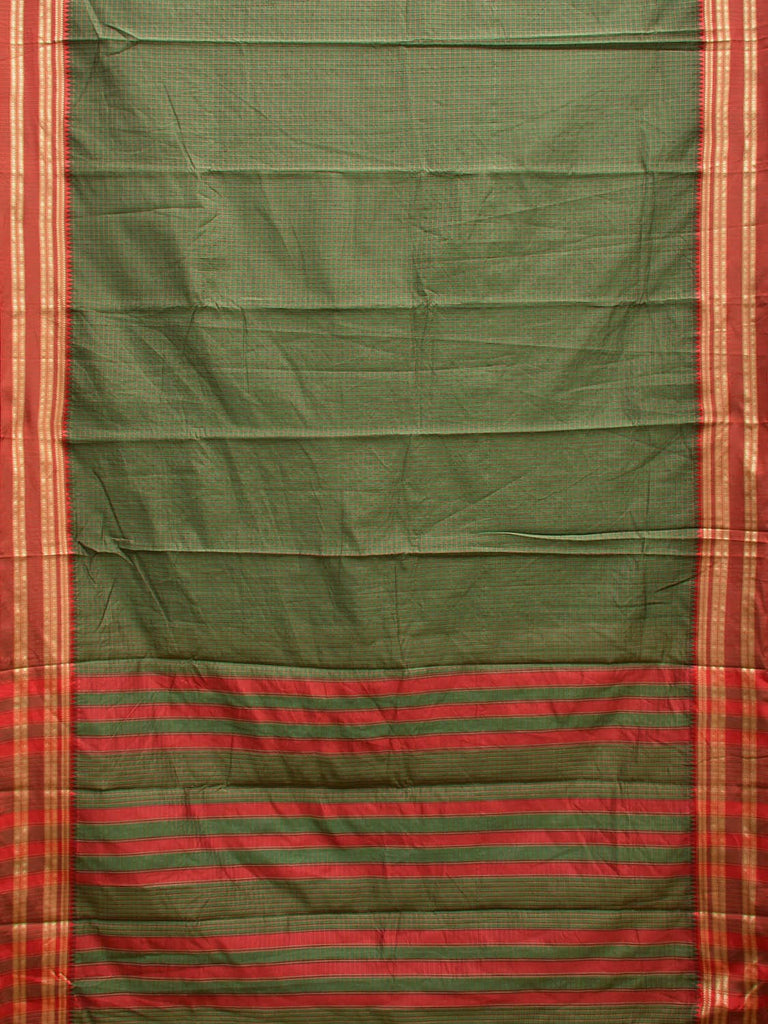 Dark Green and Red Bamboo Cotton Saree with Checks Design No Blouse bc0685