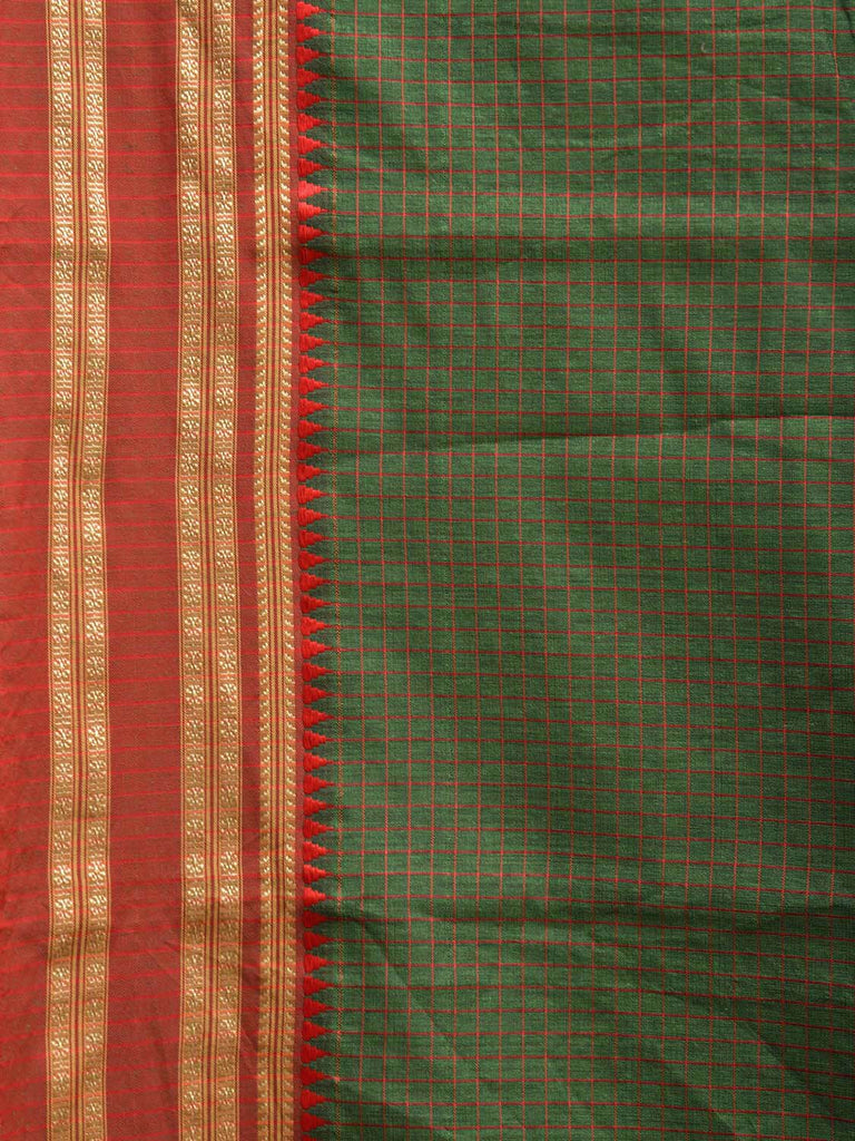 Dark Green and Red Bamboo Cotton Saree with Checks Design No Blouse bc0685