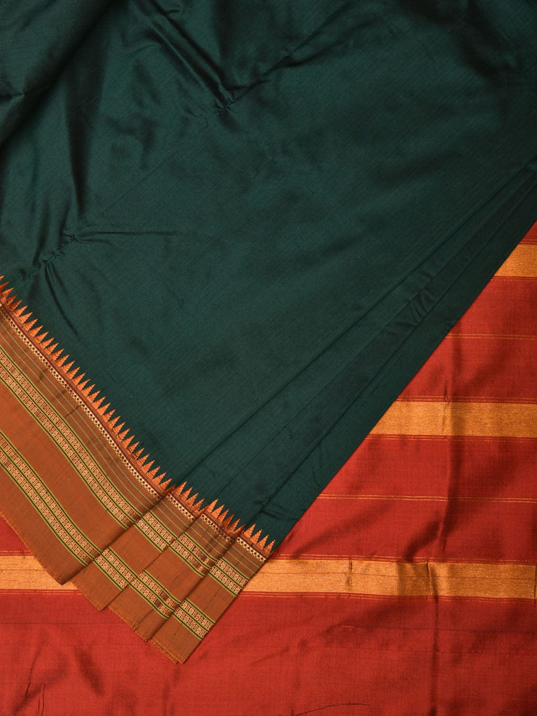 Dark Green and Rust Narayanpet Silk Handloom Plain Saree with Traditional Border Design No Blouse np0673