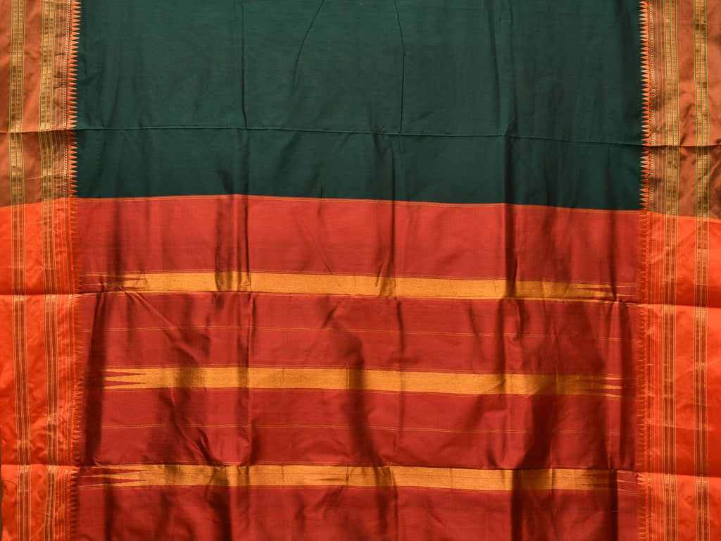 Dark Green and Rust Narayanpet Silk Handloom Plain Saree with Traditional Border Design No Blouse np0673
