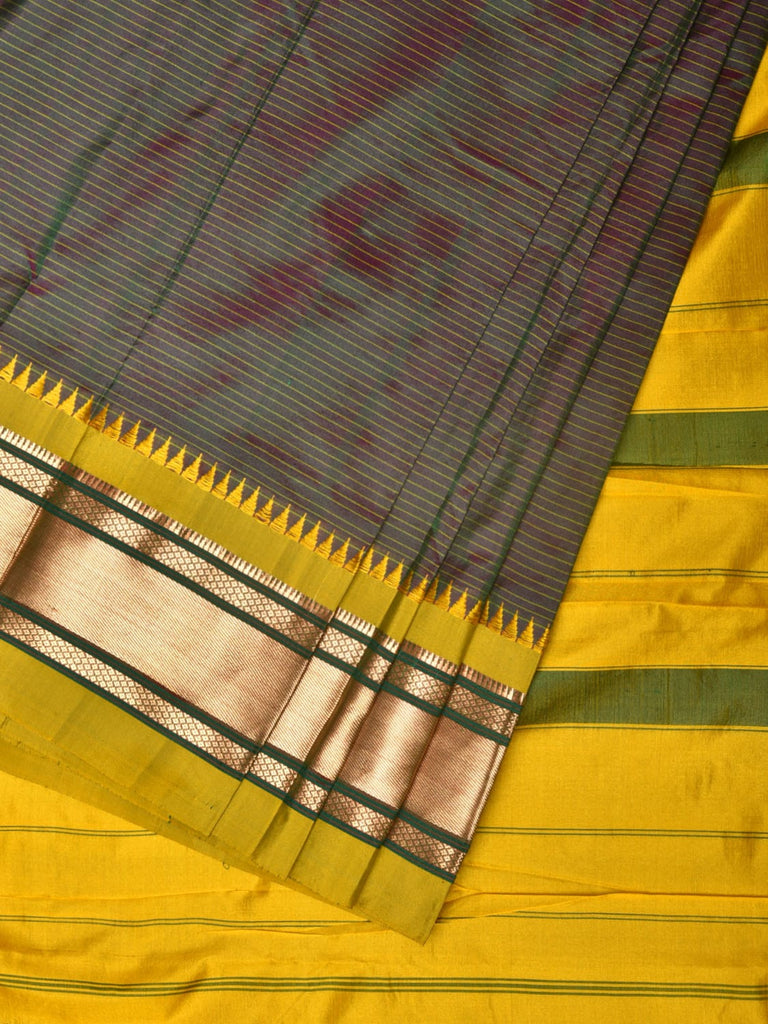 Dark Green and Yellow Narayanpet Silk Saree with Strips Design No Blouse np0786