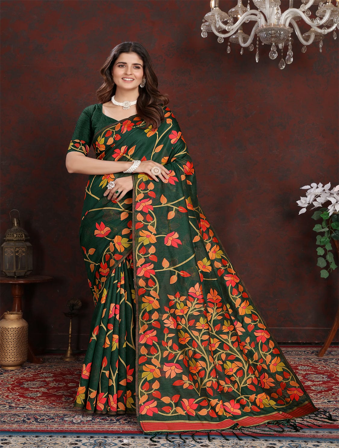 Dark Green Dhakai Jamdani Cotton Viscose Saree with Floral Border and ...