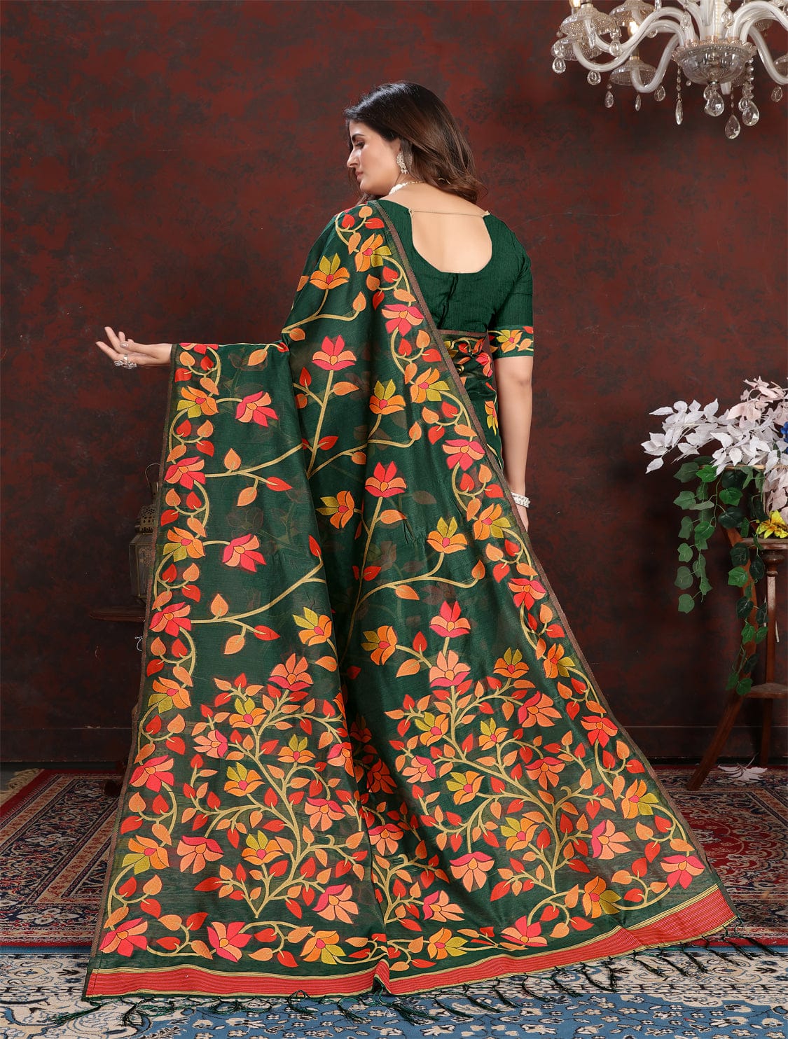 Dark Green Dhakai Jamdani Cotton Viscose Saree with Floral Border and ...