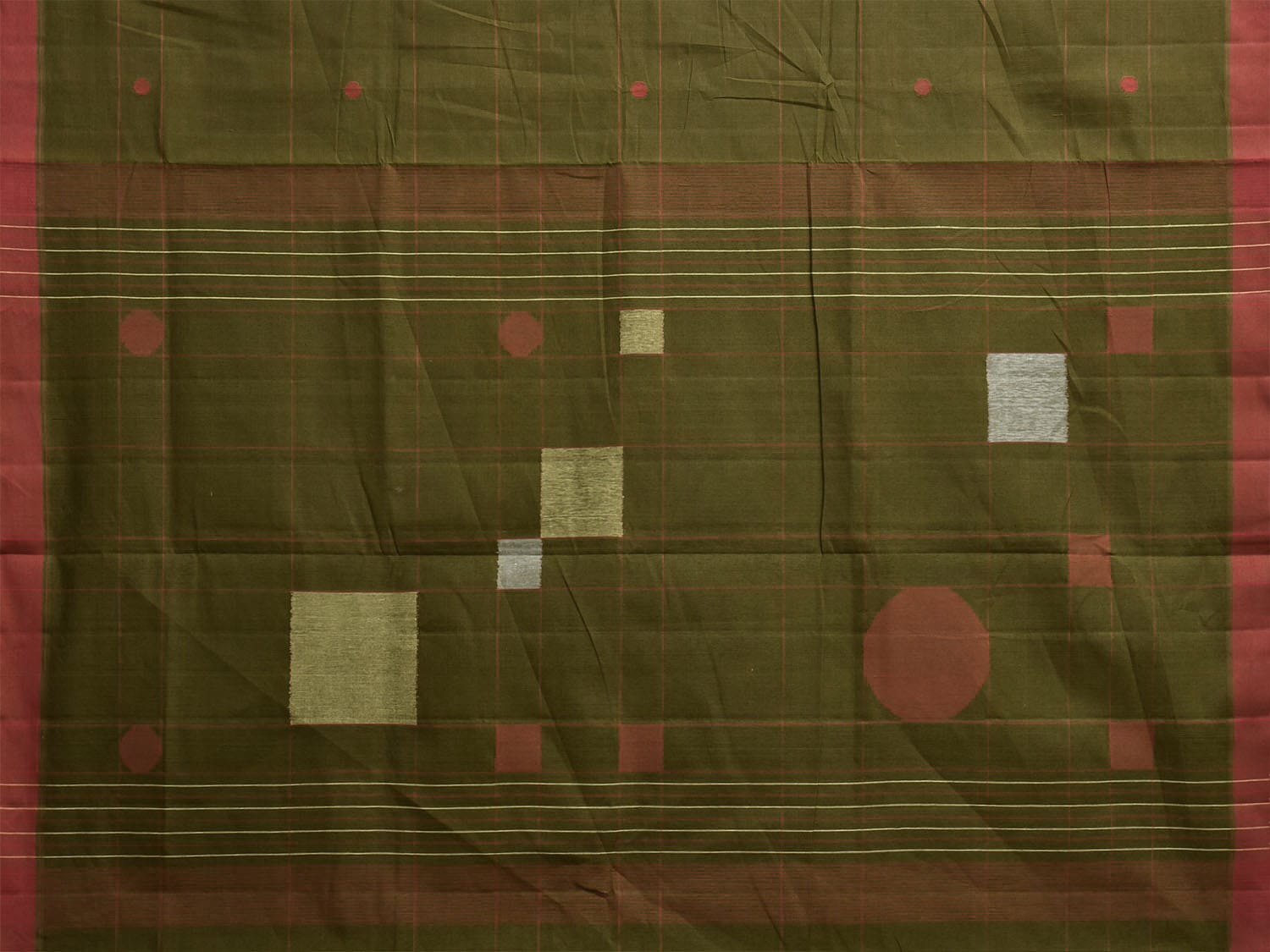 Dark Green Khadi Cotton Handloom Saree with Squares and Circles Pallu ...
