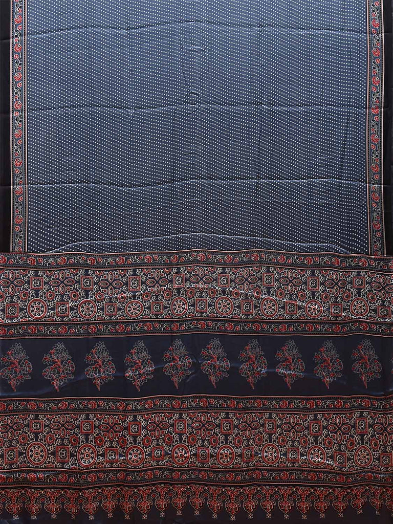 Dark Grey Ajrak Digital Print Satin Silk Saree with Small Dots and Pallu Design o0609