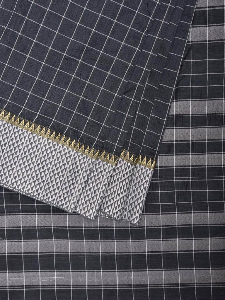 Dark Grey and White Bamboo Cotton Saree with Big Checks Design No Blouse bc0883