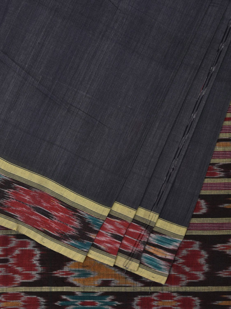 Dark Grey Ikat Cotton Handloom Saree with Strips and Border Design i0862