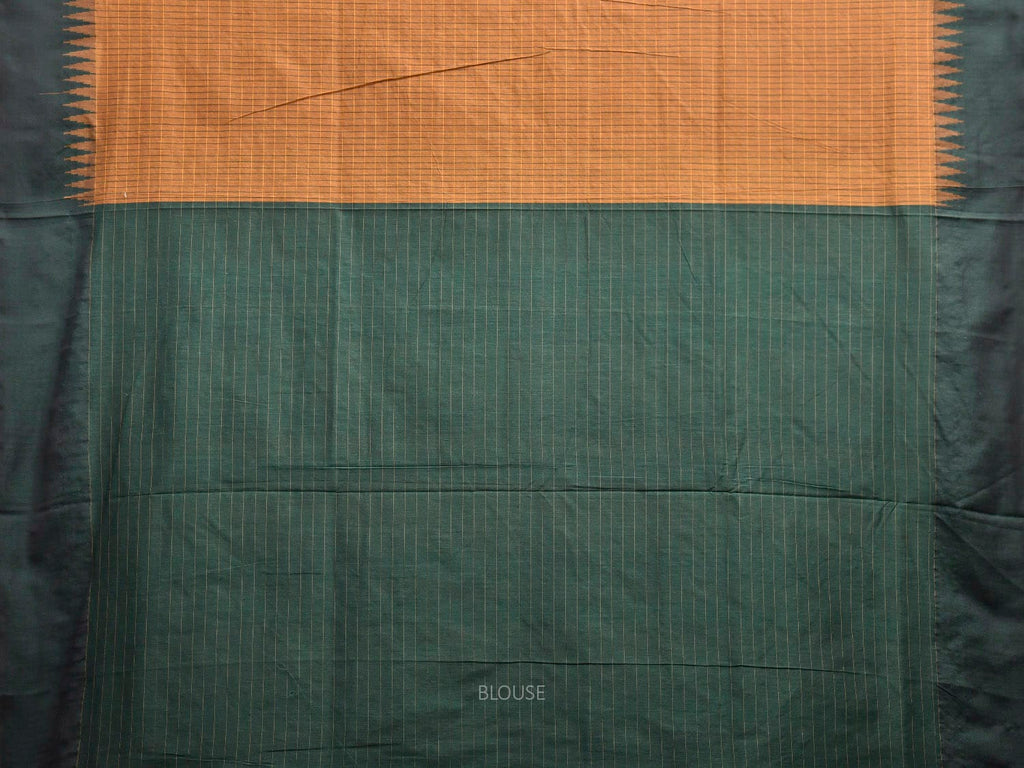 Dark Mustard and Green Gadwal Cotton Viscose Saree with Checks and Temple Border Design g0586