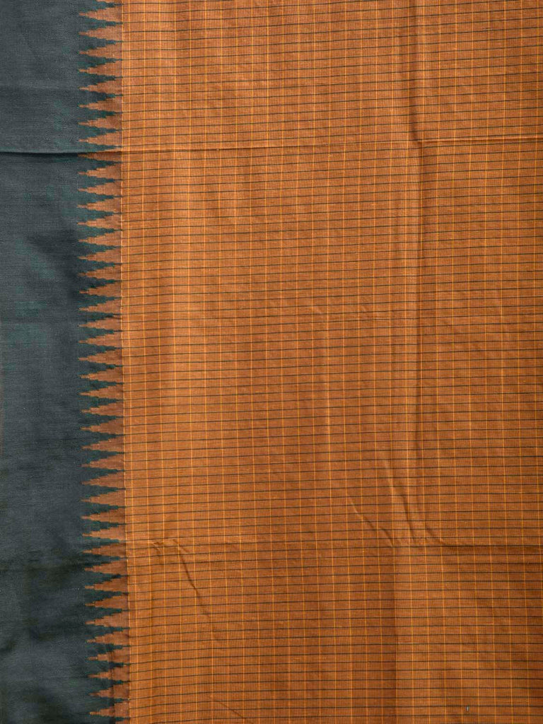 Dark Mustard and Green Gadwal Cotton Viscose Saree with Checks and Temple Border Design g0586