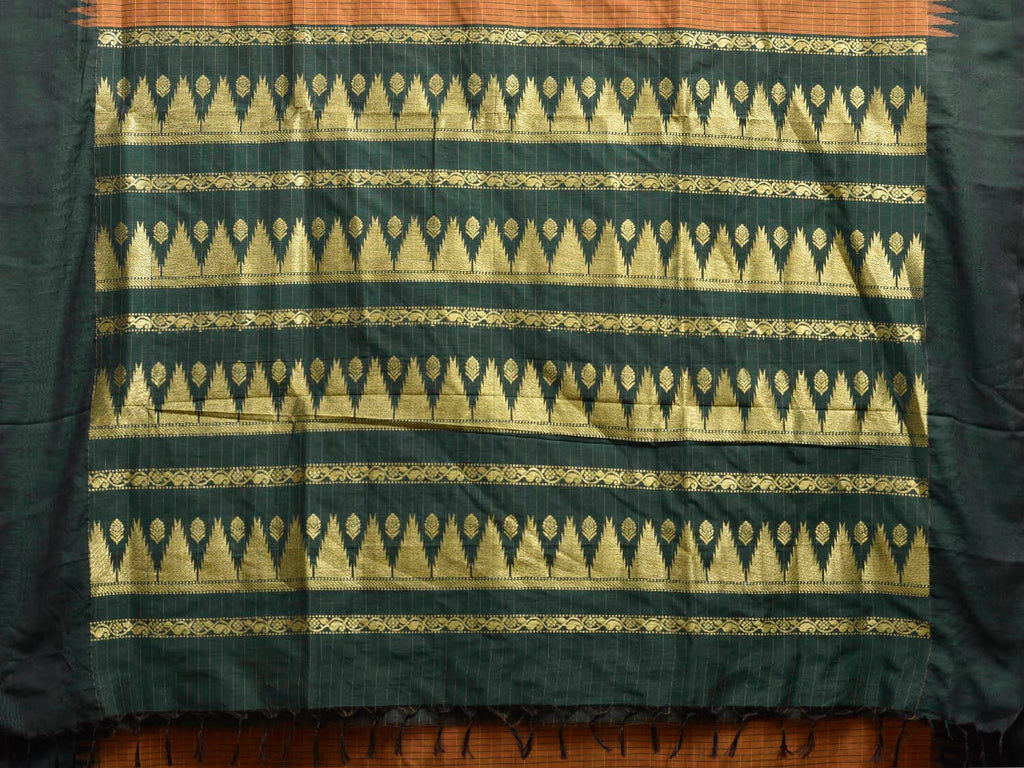 Dark Mustard and Green Gadwal Cotton Viscose Saree with Checks and Temple Border Design g0586