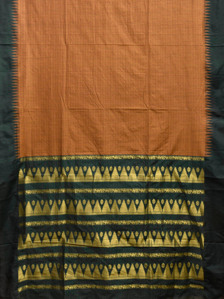 Dark Mustard and Green Gadwal Cotton Viscose Saree with Checks and Temple Border Design g0586