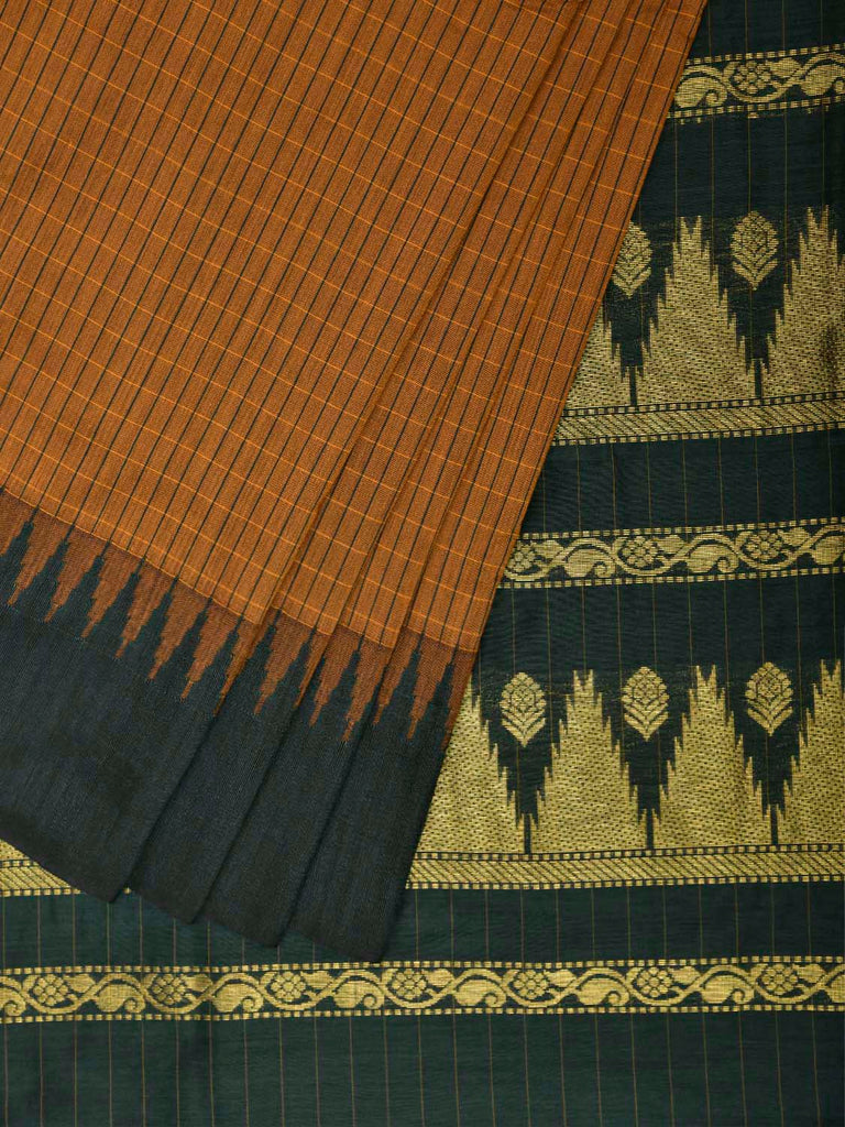 Dark Mustard and Green Gadwal Cotton Viscose Saree with Checks and Temple Border Design g0586