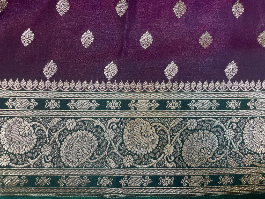 Dark Purple Katan Banarasi Saree with Silver Zari Floral Weaving And Grand Pallu B0587ds