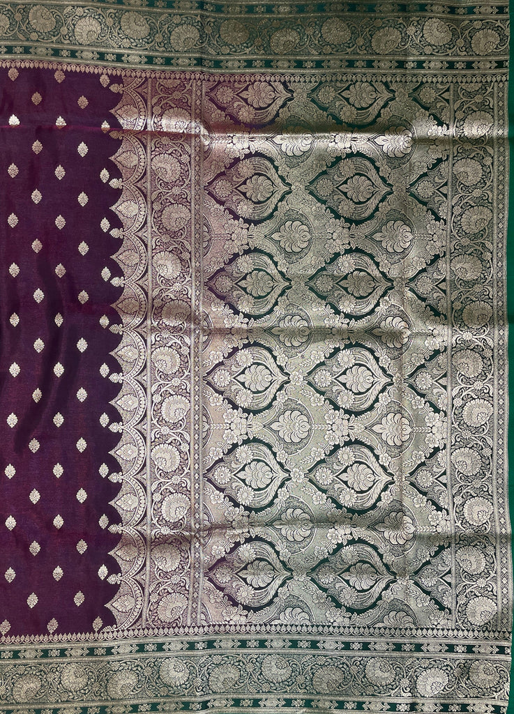 Dark Purple Katan Banarasi Saree with Silver Zari Floral Weaving And Grand Pallu B0587ds