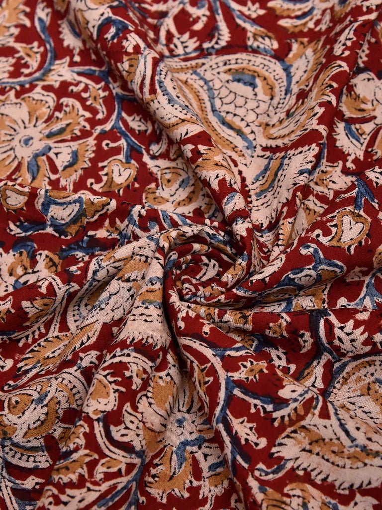 Dark Red and Cream Kalamkari Block Print Cotton Blouse with Floral Design 1.2mt Length 35 Inches Width BL0067