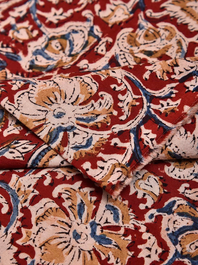 Dark Red and Cream Kalamkari Block Print Cotton Blouse with Floral Design 1.2mt Length 35 Inches Width BL0067