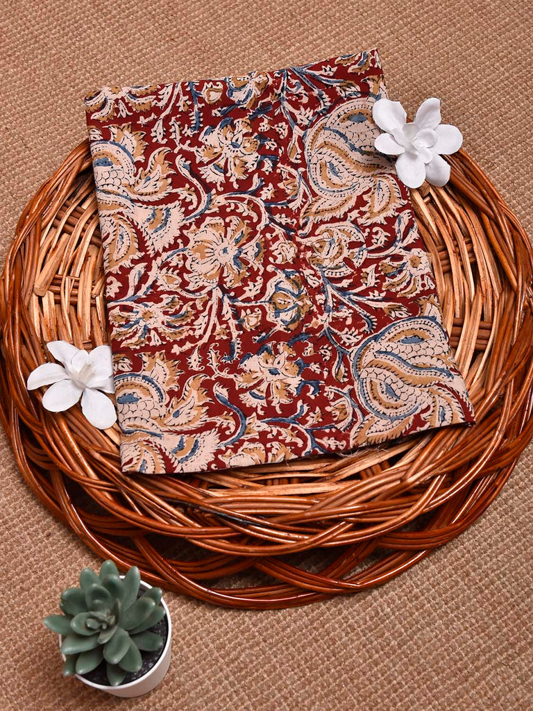 Dark Red and Cream Kalamkari Block Print Cotton Blouse with Floral Design 1.2mt Length 35 Inches Width BL0067