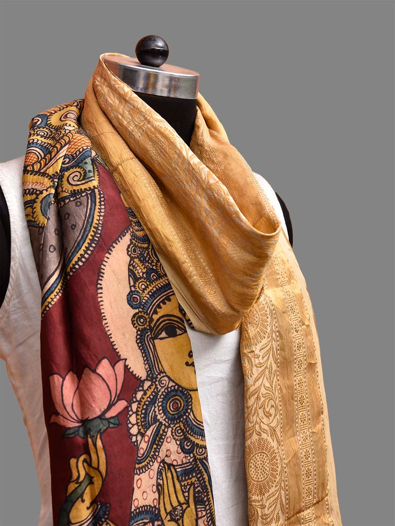 Dark Red and Cream Kalamkari Hand Painted Kanchipuram Silk Dupatta with Saraswati Design ds3825