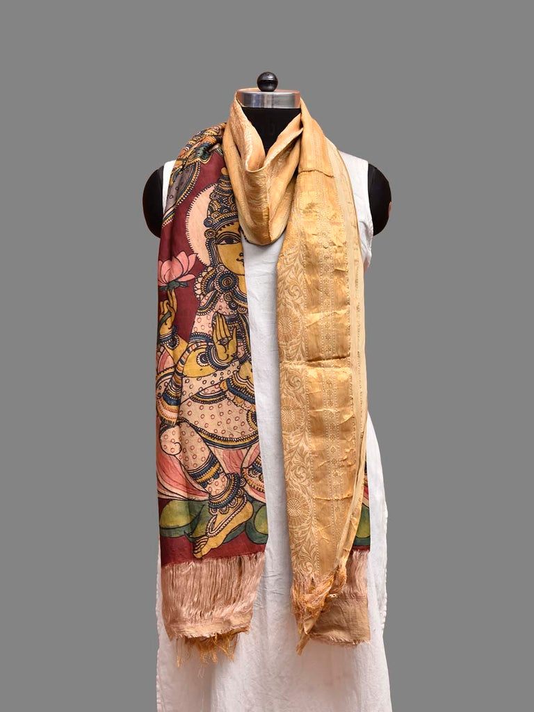 Dark Red and Cream Kalamkari Hand Painted Kanchipuram Silk Dupatta with Saraswati Design ds3825