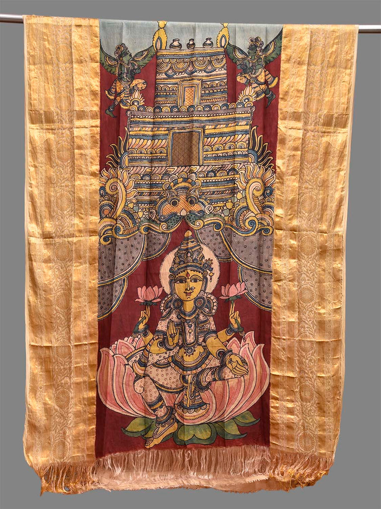 Dark Red and Cream Kalamkari Hand Painted Kanchipuram Silk Dupatta with Saraswati Design ds3825