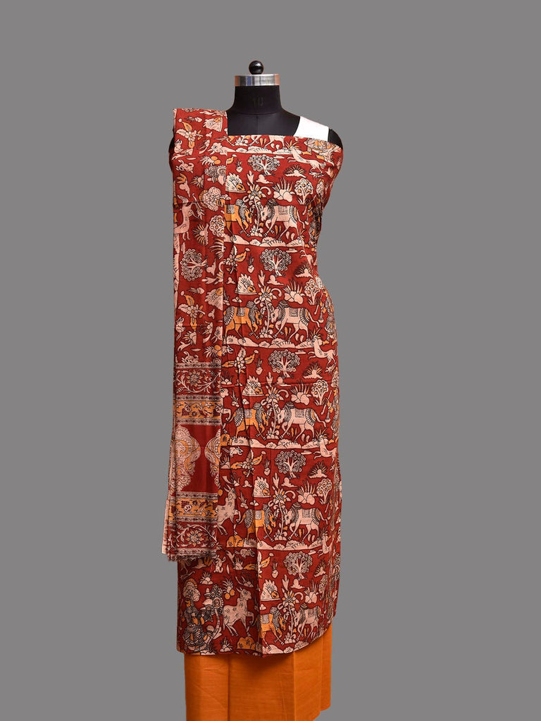 Dark Red and Mustard Kalamkari Print Cotton Dress Material with Top Bottom and Dupatta dm0100