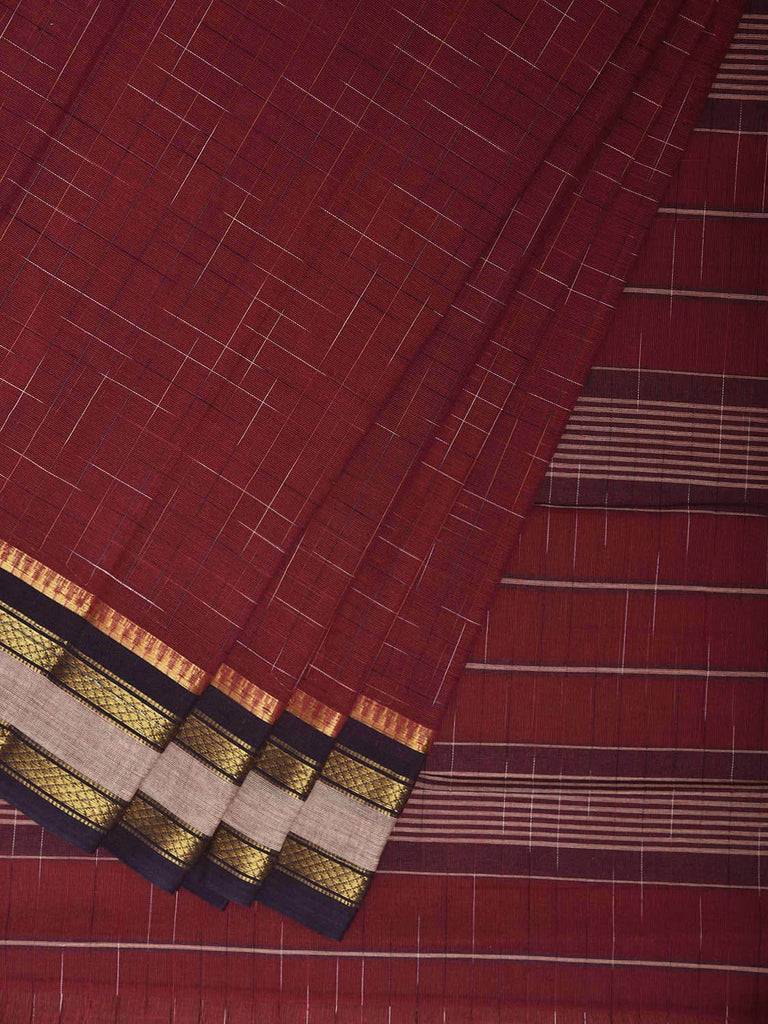 Dark Red and Navy Narayanpet Cotton Handloom Saree with Strips Pallu Design No Blouse np1192