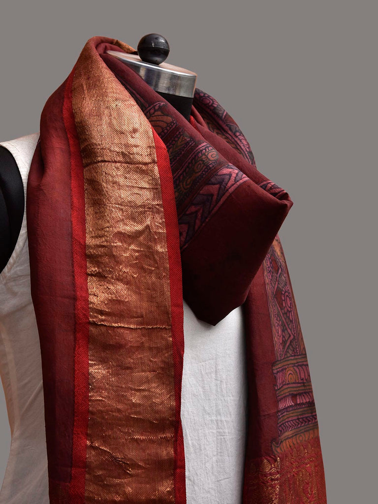 Dark Red Kalamkari Hand Painted Kanchipuram Silk Dupatta with Krishna Design ds3854