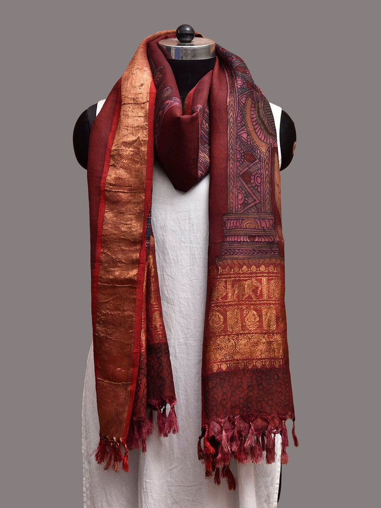 Dark Red Kalamkari Hand Painted Kanchipuram Silk Dupatta with Krishna Design ds3854