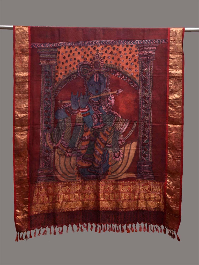 Dark Red Kalamkari Hand Painted Kanchipuram Silk Dupatta with Krishna Design ds3854