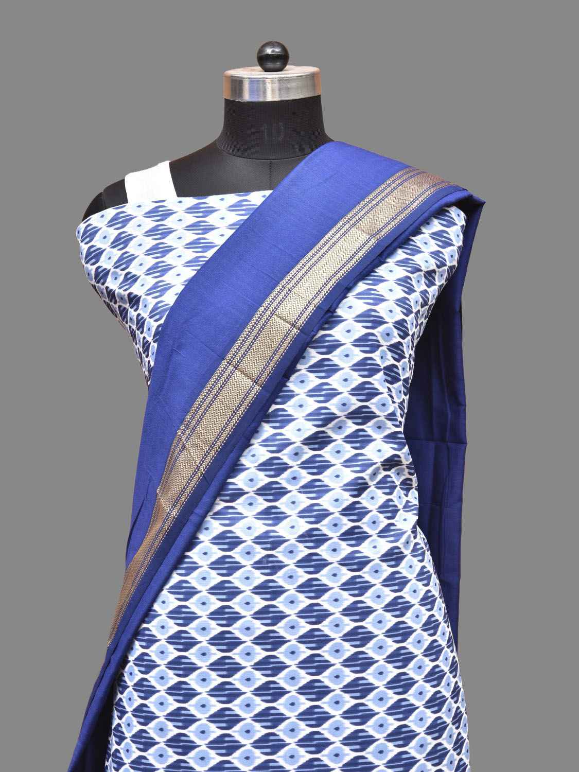 Blue and White Bamboo Cotton Dress Material with Printed Top Plain Dupatta and Bottom Design dm0142 – Uppada