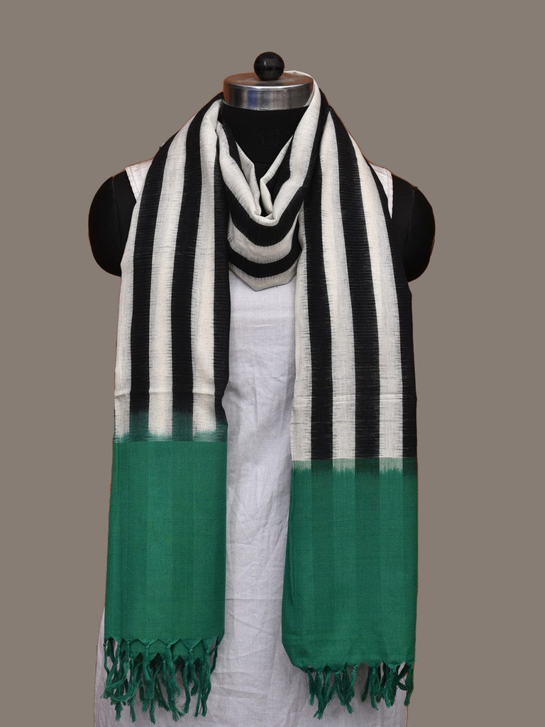 Green and Black Pochampally Ikat Cotton Handloom Dupatta with Strips Design ds1817