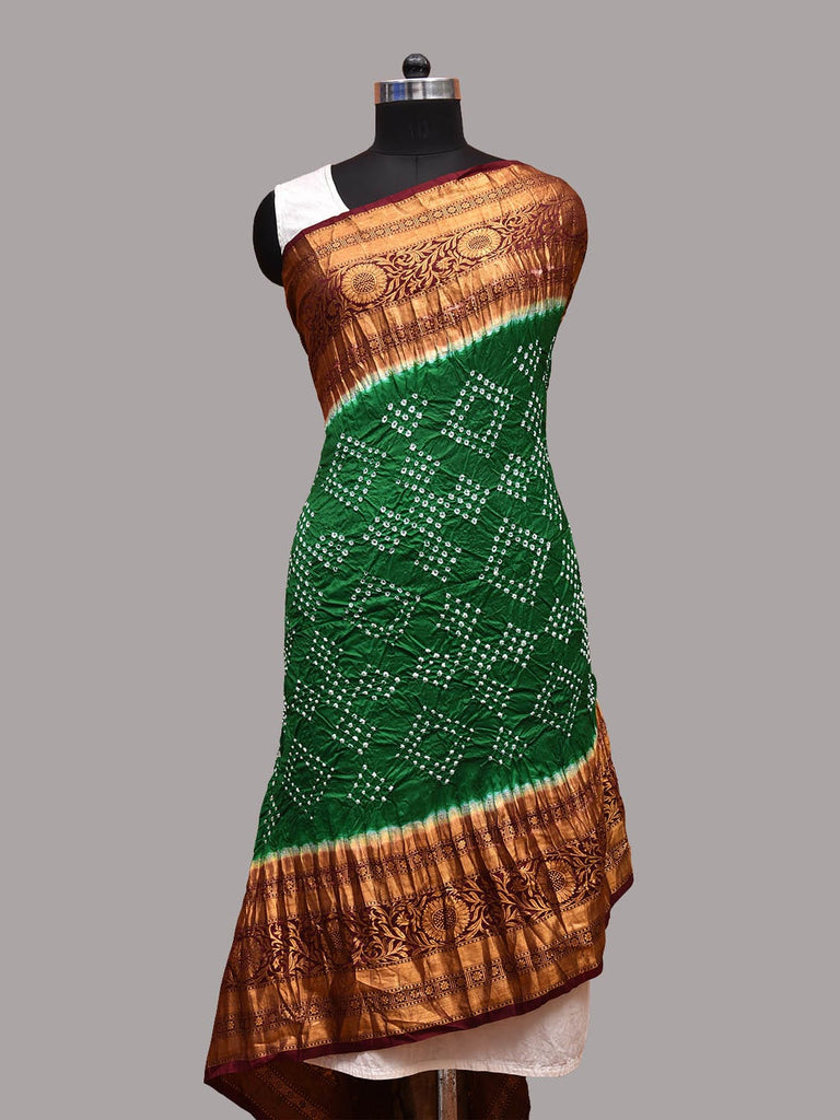 Green and Brown Bandhani Kalamkari Hand Painted Kanchipuram Silk Handloom Dupatta with Floral and Birds Design ds3668