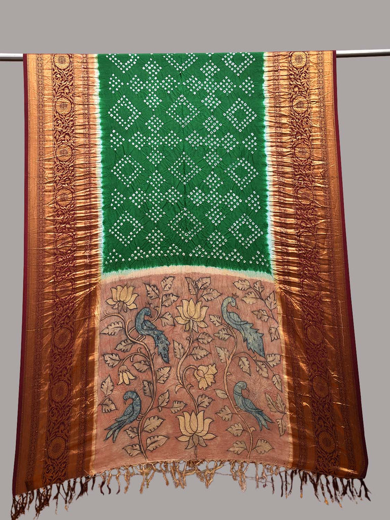 Green and Brown Bandhani Kalamkari Hand Painted Kanchipuram Silk Handloom Dupatta with Floral and Birds Design ds3668
