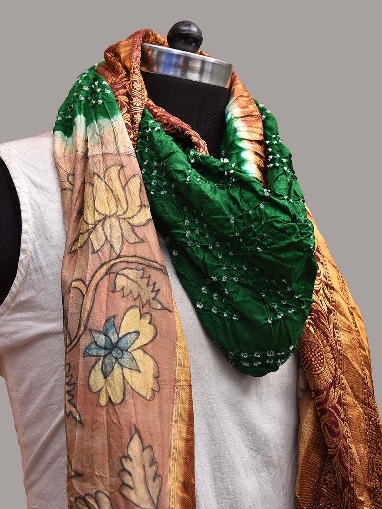Green and Brown Bandhani Kalamkari Hand Painted Kanchipuram Silk Handloom Dupatta with Floral and Birds Design ds3668