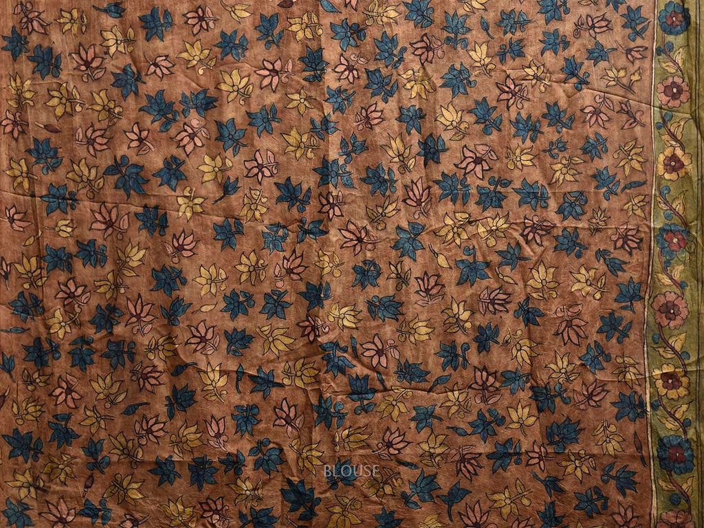 Green and Light Brown Kalamkari Hand Painted Silk Saree with Floral Design KL0805
