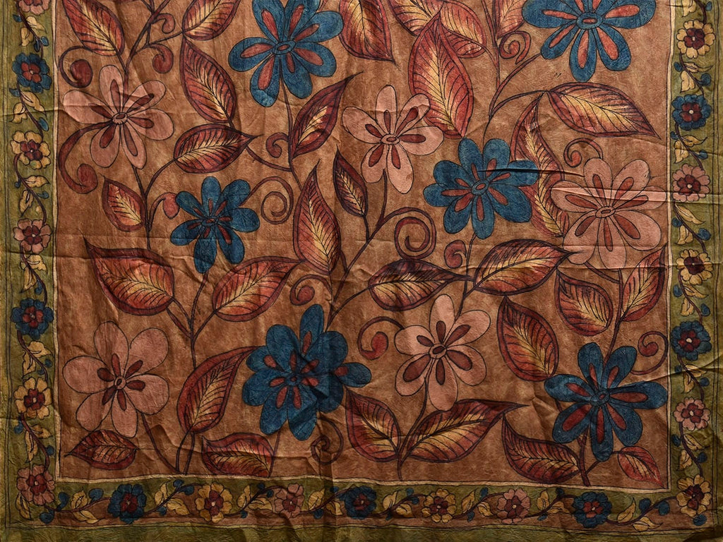 Green and Light Brown Kalamkari Hand Painted Silk Saree with Floral Design KL0805