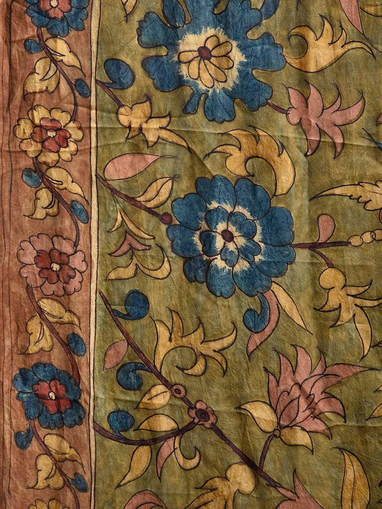 Green and Light Brown Kalamkari Hand Painted Silk Saree with Floral Design KL0805