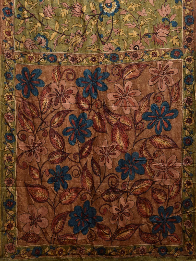 Green and Light Brown Kalamkari Hand Painted Silk Saree with Floral Design KL0805