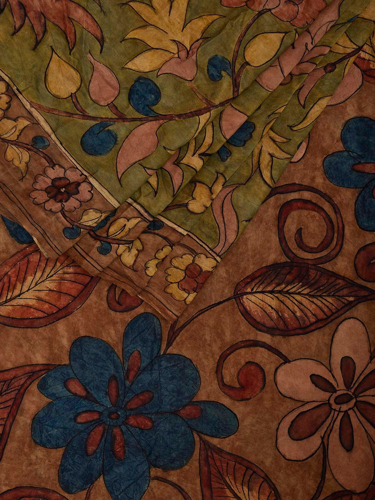 Green and Light Brown Kalamkari Hand Painted Silk Saree with Floral Design KL0805
