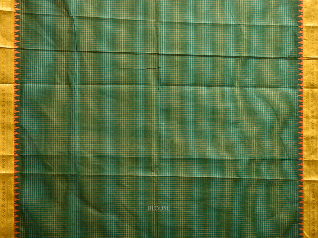 Green and Olive Kanchipuram Cotton Saree with Checks and Strips Pallu Design k0984