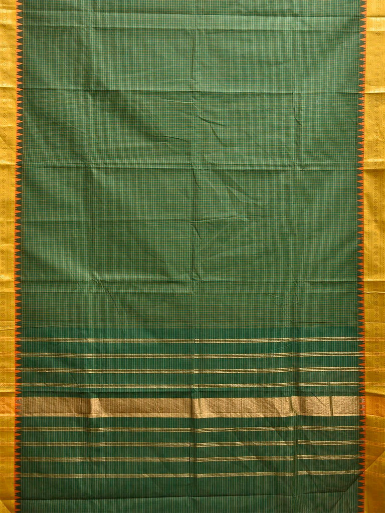 Green and Olive Kanchipuram Cotton Saree with Checks and Strips Pallu Design k0984